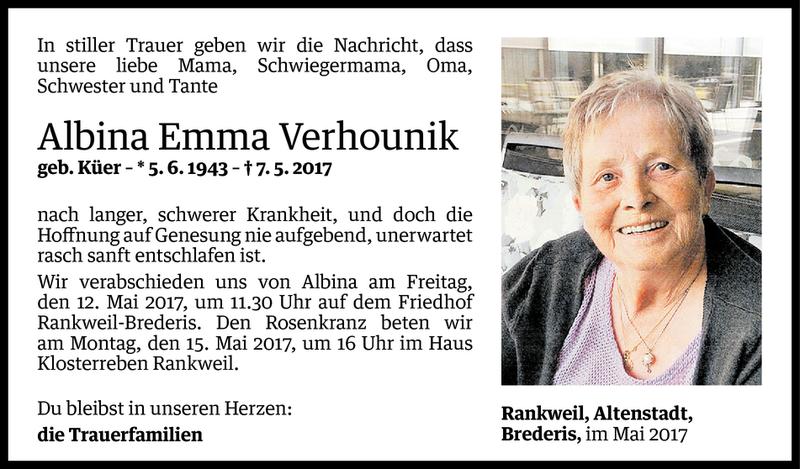  Todesanzeige für Albina Verhounik vom 09.05.2017 aus Vorarlberger Nachrichten