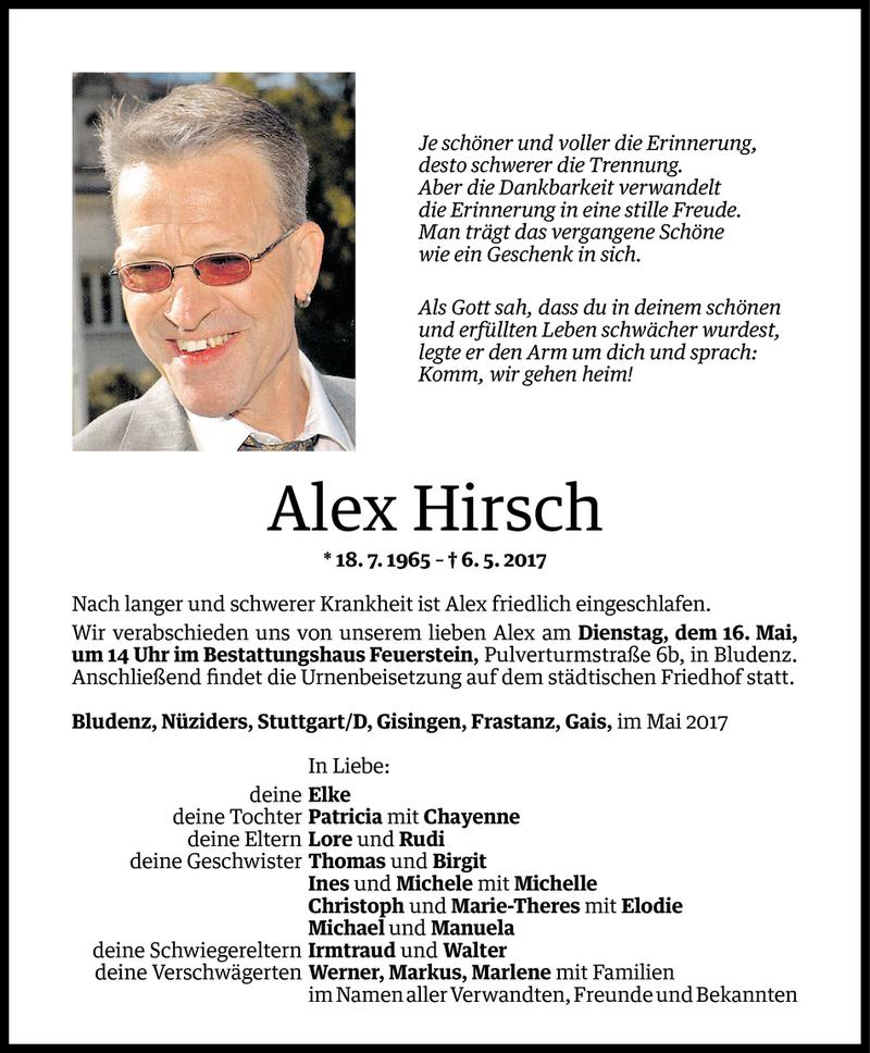  Todesanzeige für Alex Hirsch vom 11.05.2017 aus Vorarlberger Nachrichten
