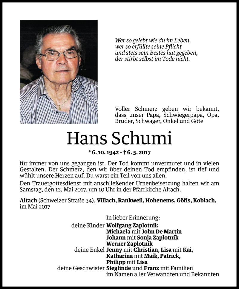  Todesanzeige für Johann Schumi vom 09.05.2017 aus Vorarlberger Nachrichten