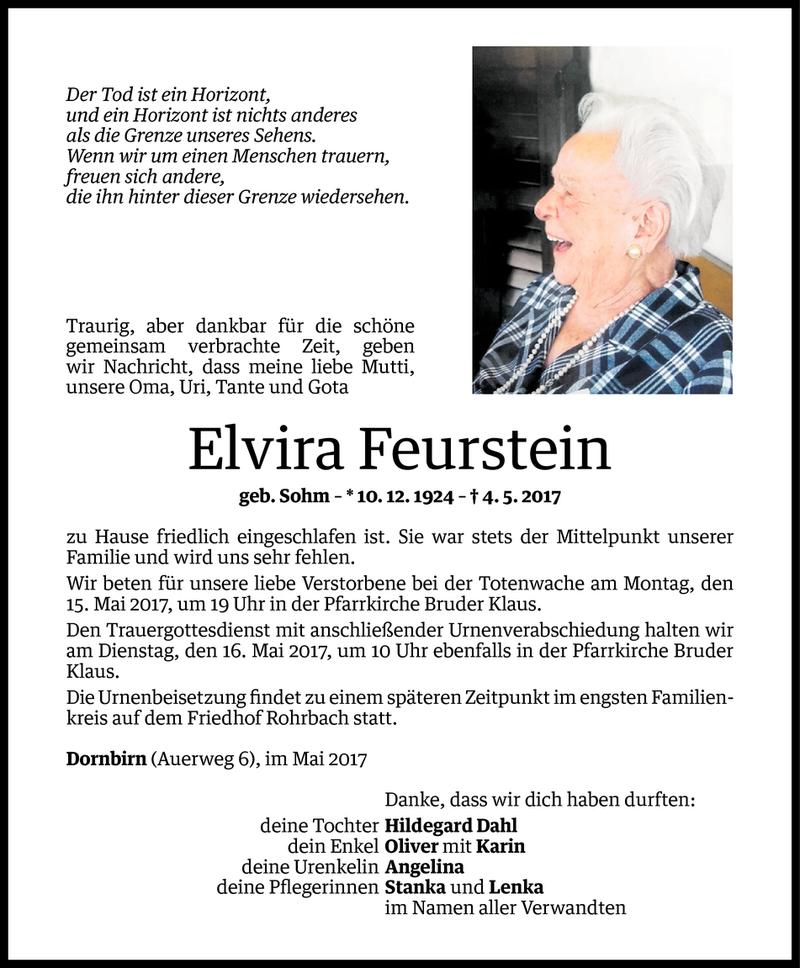  Todesanzeige für Elvira Feurstein vom 11.05.2017 aus Vorarlberger Nachrichten