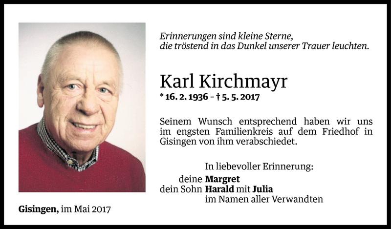  Todesanzeige für Karl Kirchmayr vom 13.05.2017 aus Vorarlberger Nachrichten