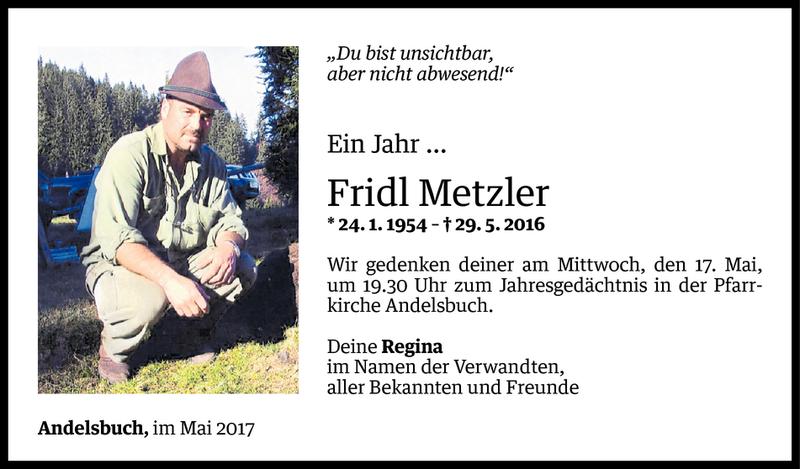  Todesanzeige für Fridl Metzler vom 12.05.2017 aus Vorarlberger Nachrichten