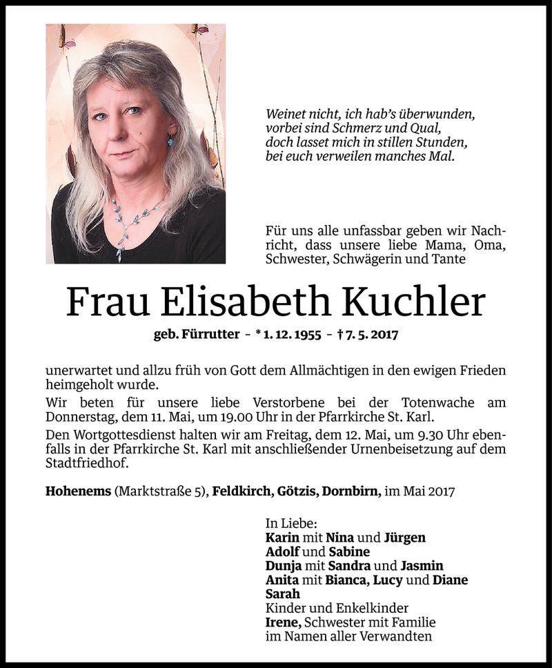  Todesanzeige für Elisabeth Kuchler vom 10.05.2017 aus Vorarlberger Nachrichten