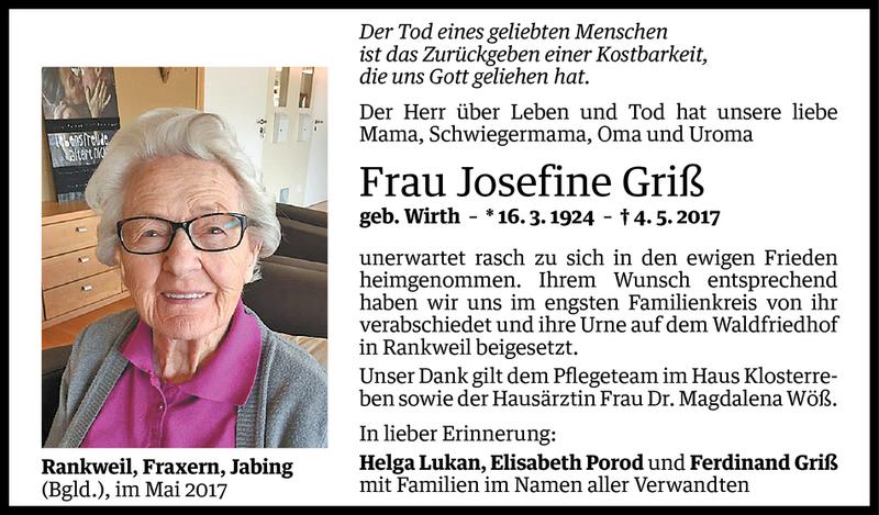  Todesanzeige für Josefine Griß vom 13.05.2017 aus Vorarlberger Nachrichten