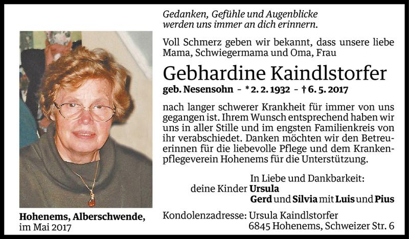  Todesanzeige für Gebhardine Kaindlstorfer vom 12.05.2017 aus Vorarlberger Nachrichten