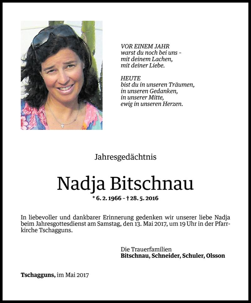  Todesanzeige für Nadja Bitschnau vom 09.05.2017 aus Vorarlberger Nachrichten