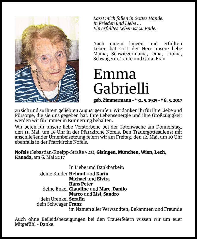  Todesanzeige für Emma Gabrielli vom 09.05.2017 aus Vorarlberger Nachrichten