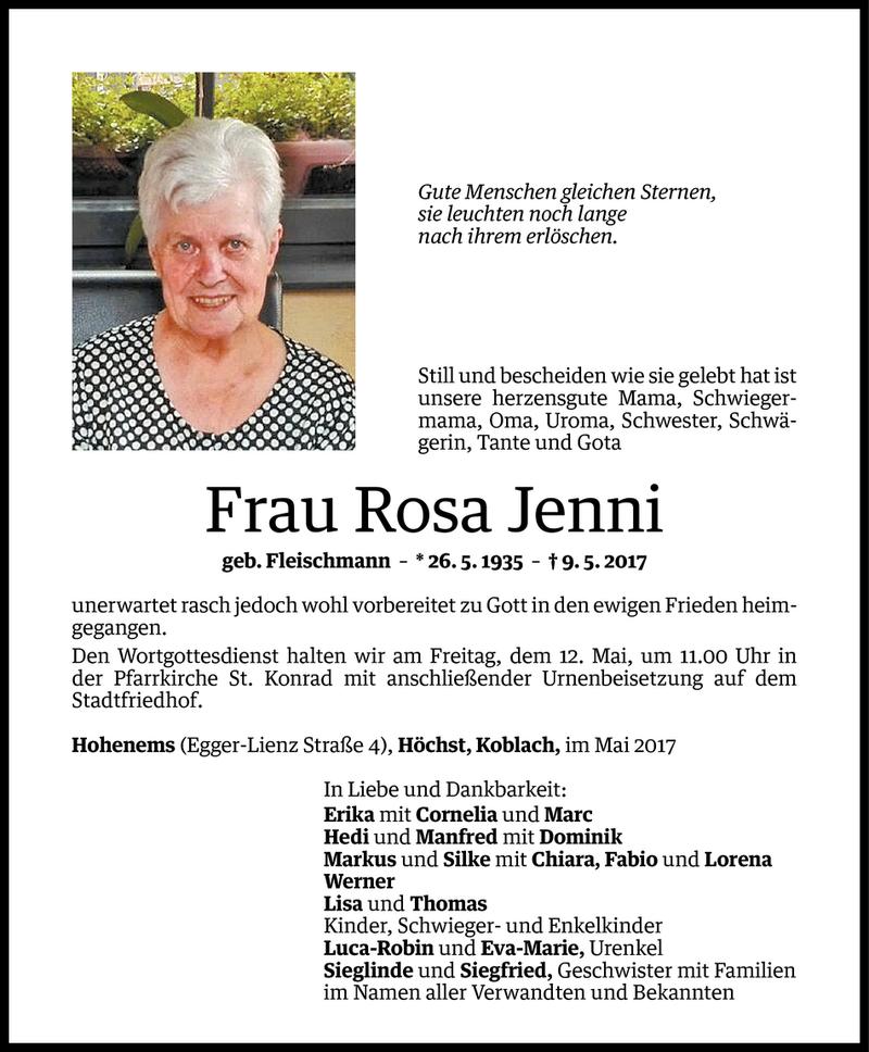  Todesanzeige für Rosa Jenni vom 10.05.2017 aus Vorarlberger Nachrichten