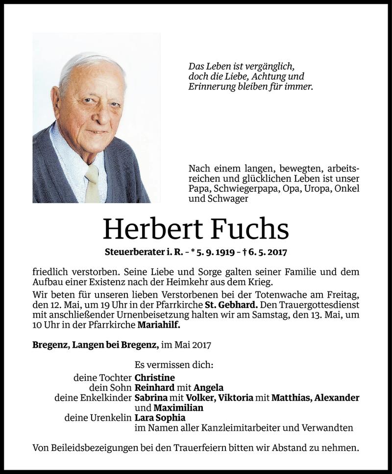  Todesanzeige für Herbert Fuchs vom 10.05.2017 aus Vorarlberger Nachrichten