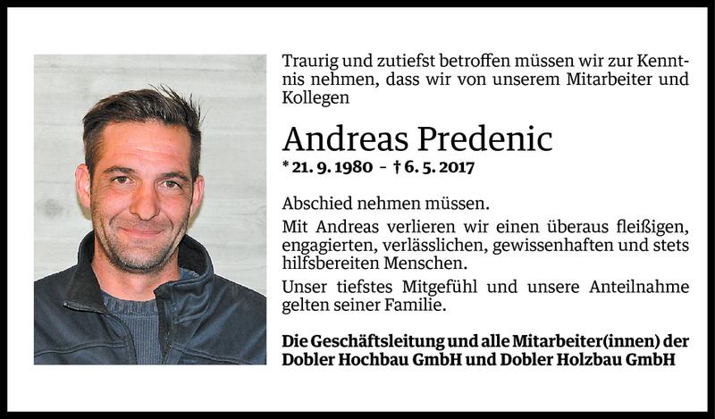  Todesanzeige für Andreas Predenic vom 11.05.2017 aus Vorarlberger Nachrichten
