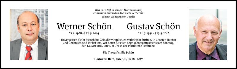  Todesanzeige für Werner und Gustav Schön vom 12.05.2017 aus Vorarlberger Nachrichten