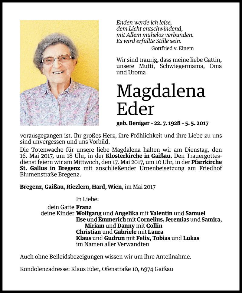  Todesanzeige für Magdalena Eder vom 12.05.2017 aus Vorarlberger Nachrichten