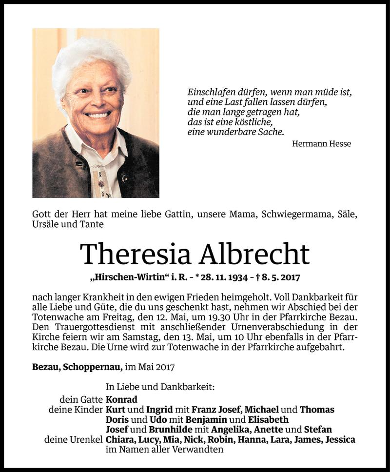  Todesanzeige für Theresia Albrecht vom 10.05.2017 aus Vorarlberger Nachrichten