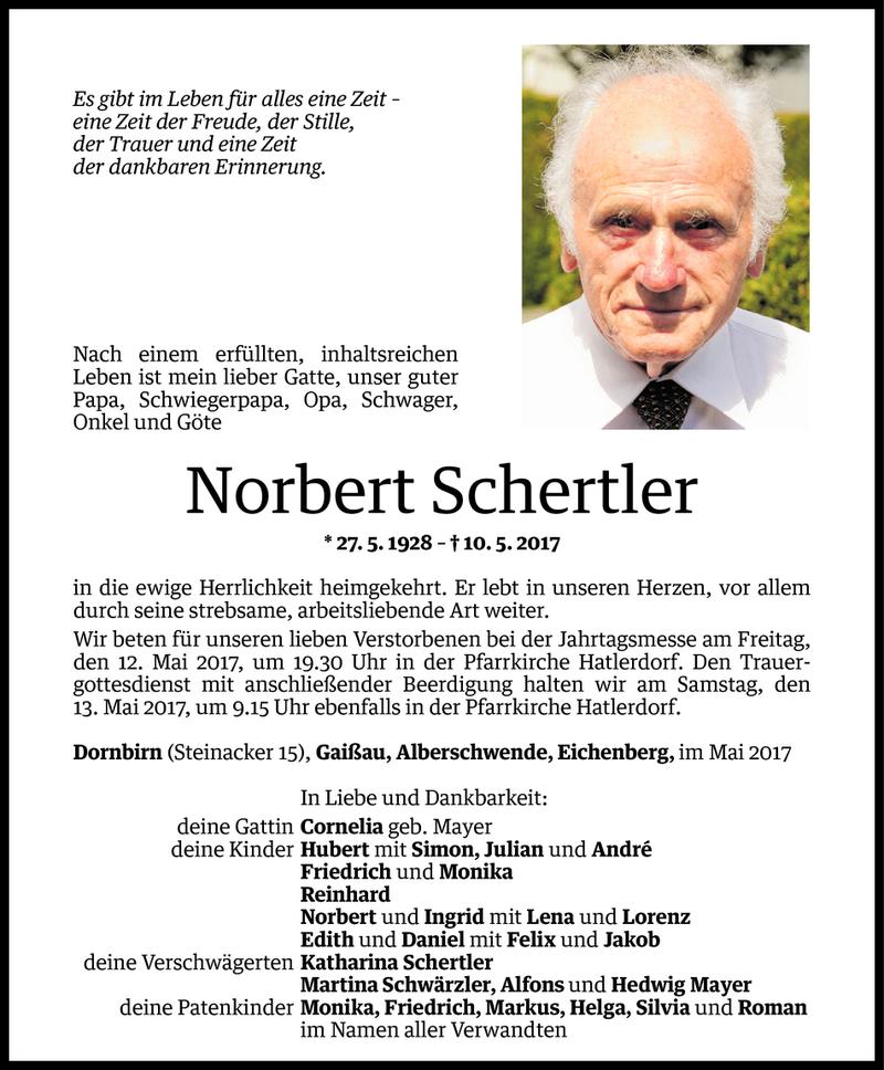  Todesanzeige für Norbert Schertler vom 10.05.2017 aus Vorarlberger Nachrichten