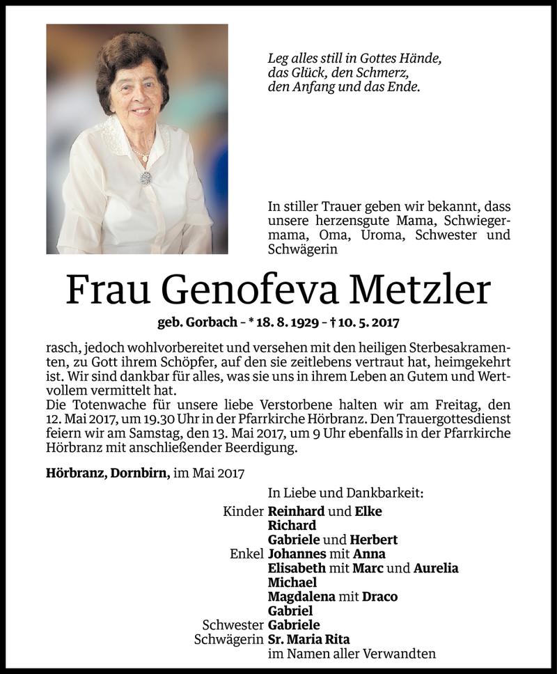  Todesanzeige für Genofeva Metzler vom 10.05.2017 aus Vorarlberger Nachrichten