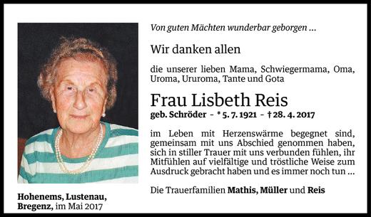 Todesanzeige von Lisbeth Reis von Vorarlberger Nachrichten