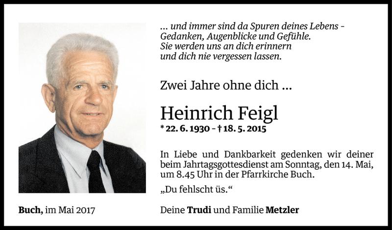  Todesanzeige für Heinrich Feigl vom 11.05.2017 aus Vorarlberger Nachrichten