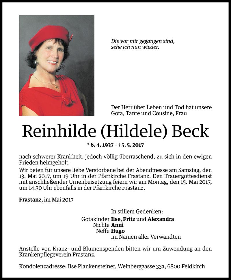  Todesanzeige für Reinhilde Beck vom 11.05.2017 aus Vorarlberger Nachrichten