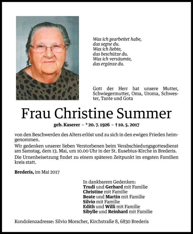  Todesanzeige für Christine Summer vom 12.05.2017 aus Vorarlberger Nachrichten