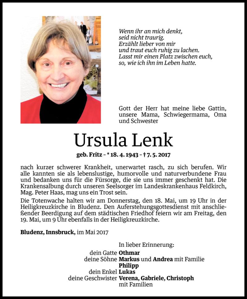  Todesanzeige für Ursula Lenk vom 16.05.2017 aus Vorarlberger Nachrichten
