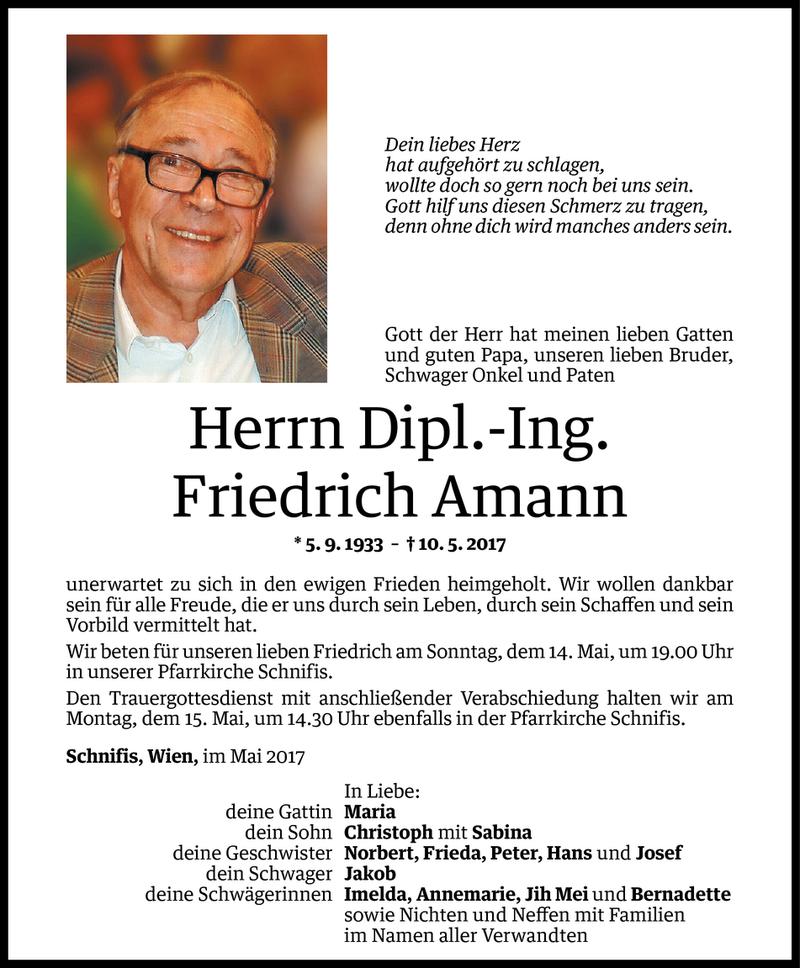  Todesanzeige für Friedrich Amann vom 12.05.2017 aus Vorarlberger Nachrichten