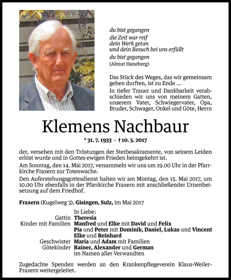  Todesanzeige für Klemens Nachbaur vom 13.05.2017 aus Vorarlberger Nachrichten
