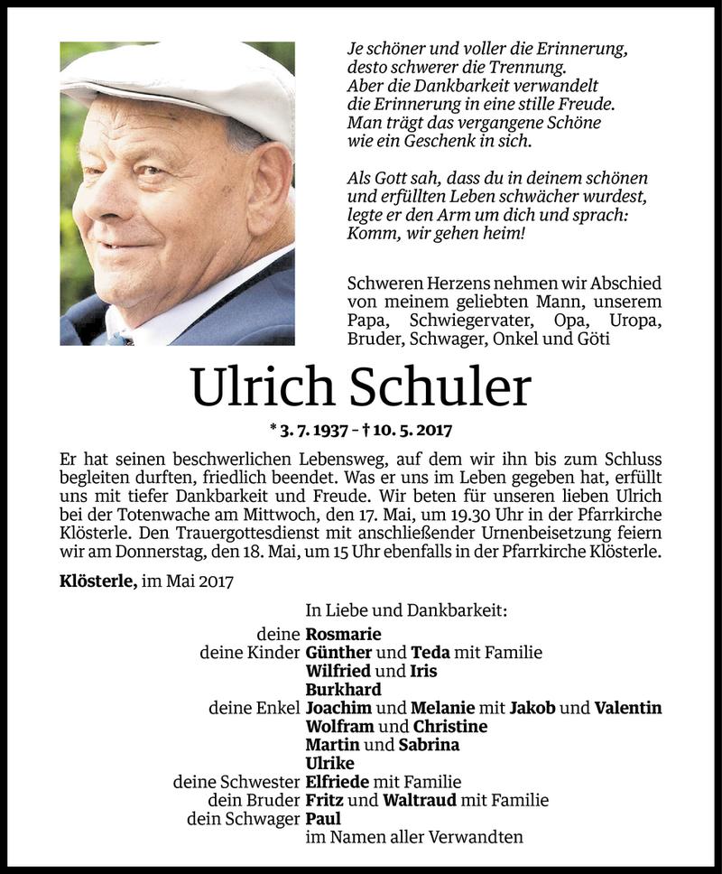  Todesanzeige für Ulrich Schuler vom 15.05.2017 aus Vorarlberger Nachrichten