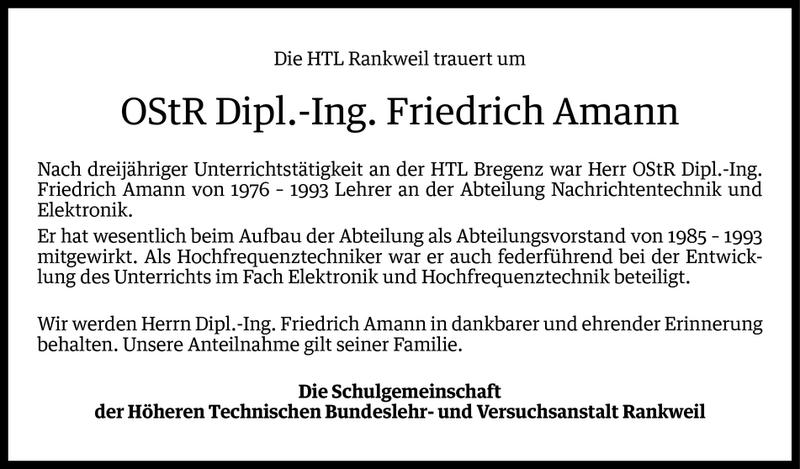  Todesanzeige für Friedrich Amann vom 12.05.2017 aus Vorarlberger Nachrichten