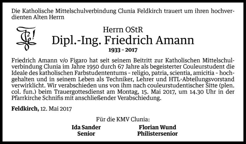  Todesanzeige für Friedrich Amann vom 12.05.2017 aus Vorarlberger Nachrichten