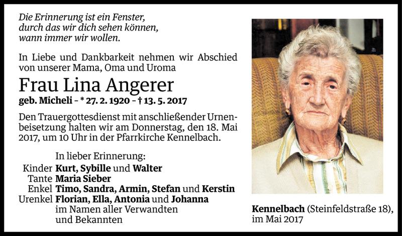  Todesanzeige für Lina Angerer vom 15.05.2017 aus Vorarlberger Nachrichten
