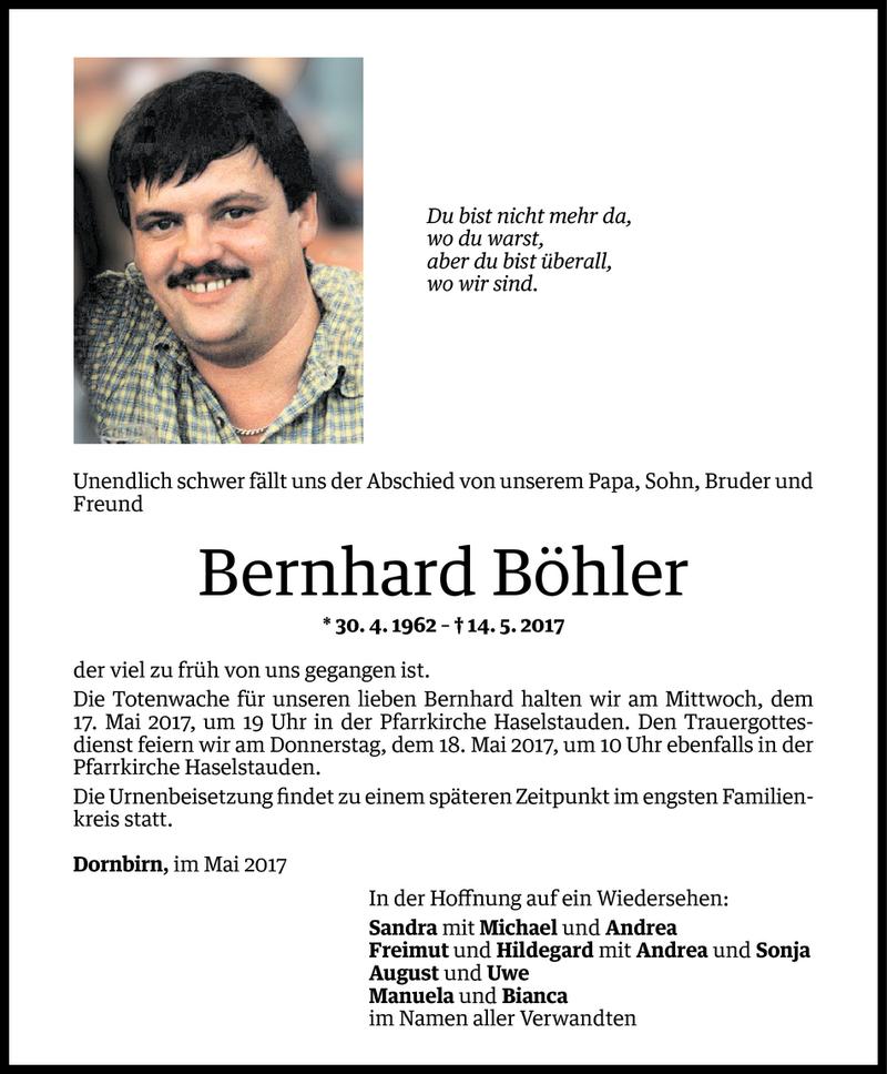  Todesanzeige für Bernhard Böhler vom 15.05.2017 aus Vorarlberger Nachrichten