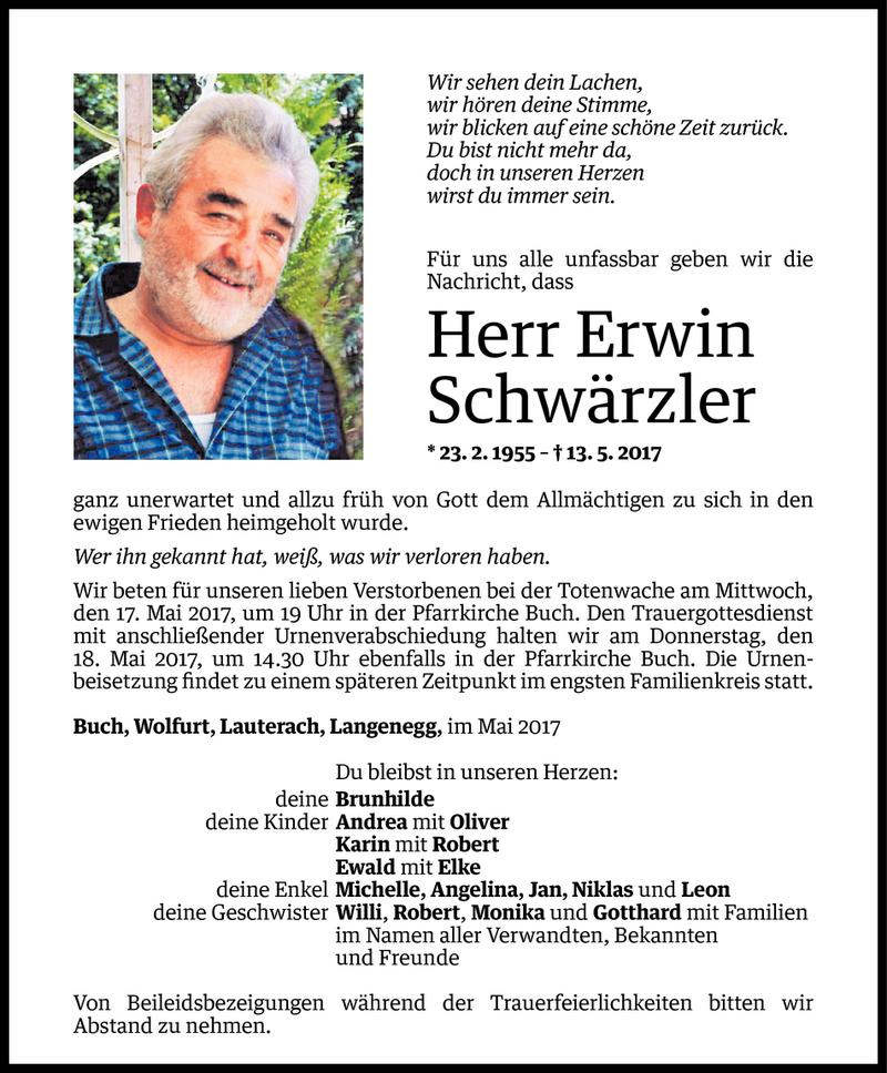  Todesanzeige für Erwin Schwärzler vom 15.05.2017 aus Vorarlberger Nachrichten