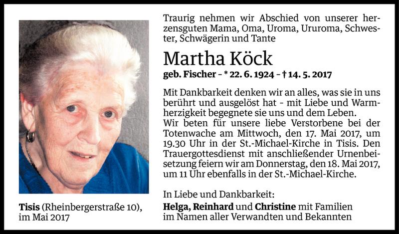  Todesanzeige für Martha Köck vom 15.05.2017 aus Vorarlberger Nachrichten