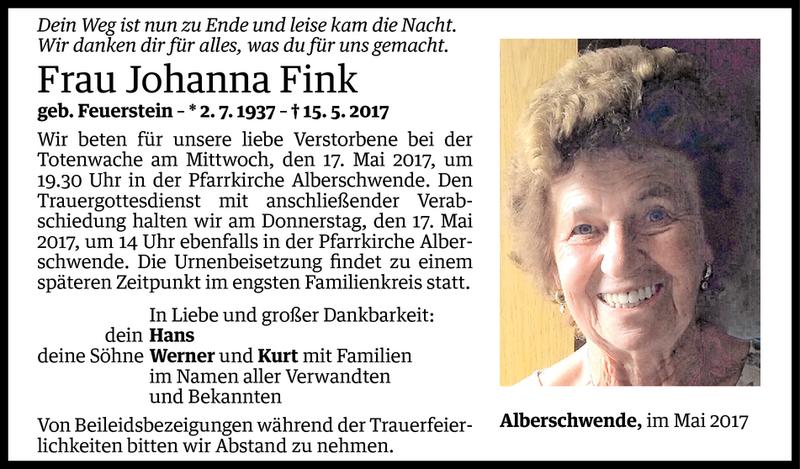  Todesanzeige für Johanna Fink vom 15.05.2017 aus Vorarlberger Nachrichten