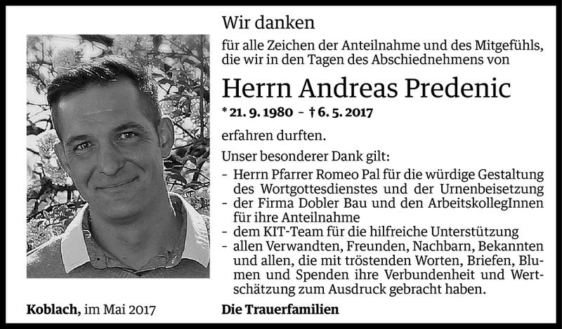  Todesanzeige für Andreas Predenic vom 18.05.2017 aus Vorarlberger Nachrichten
