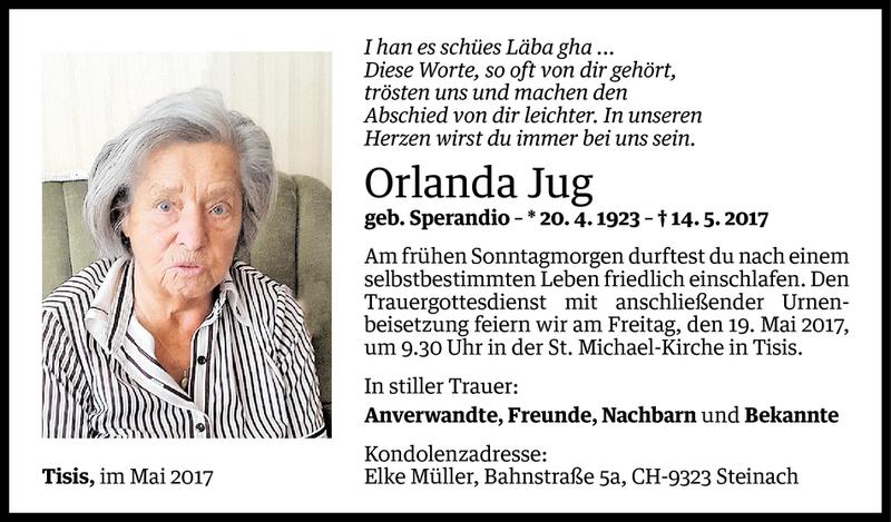  Todesanzeige für Orlanda Jug vom 16.05.2017 aus Vorarlberger Nachrichten