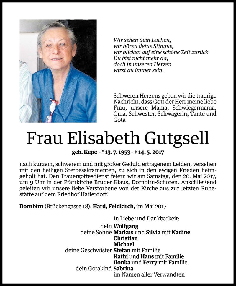  Todesanzeige für Elisabeth Gutgsell vom 16.05.2017 aus Vorarlberger Nachrichten