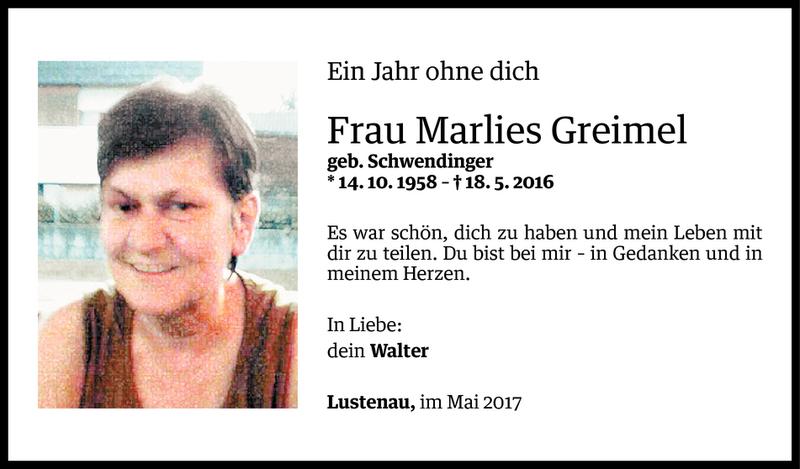  Todesanzeige für Marlies Greimel vom 17.05.2017 aus Vorarlberger Nachrichten