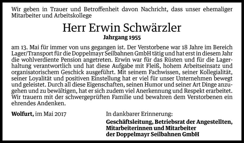  Todesanzeige für Erwin Schwärzler vom 17.05.2017 aus Vorarlberger Nachrichten