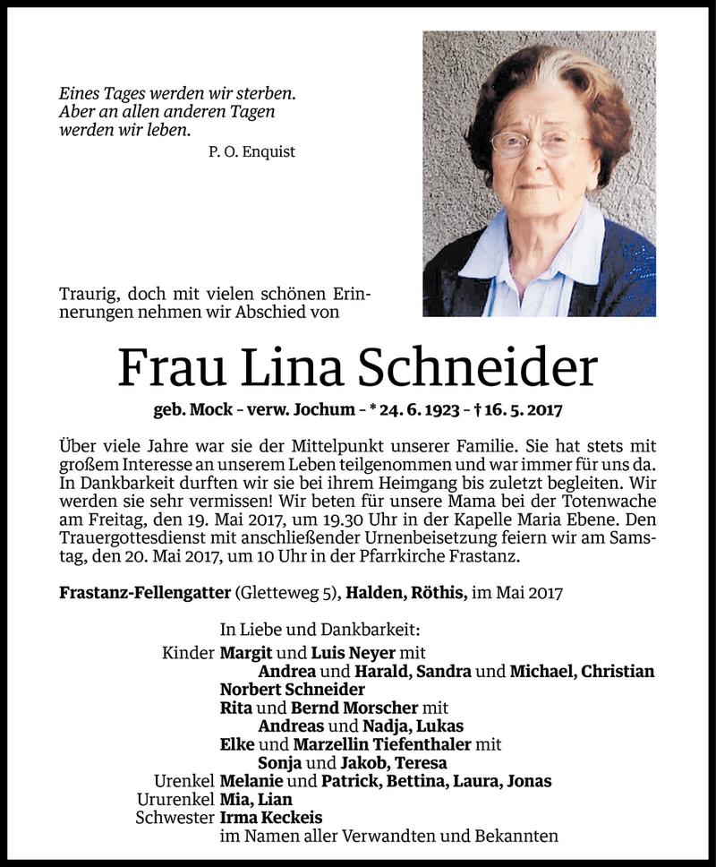  Todesanzeige für Lina Schneider vom 17.05.2017 aus Vorarlberger Nachrichten