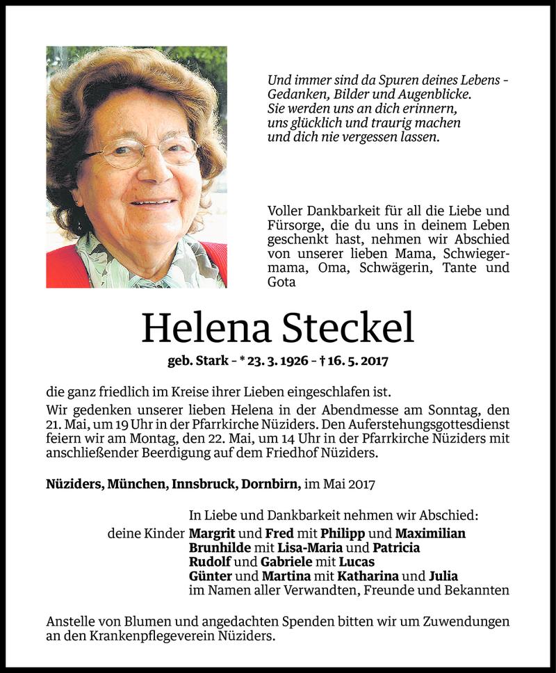  Todesanzeige für Helena Steckel vom 19.05.2017 aus Vorarlberger Nachrichten