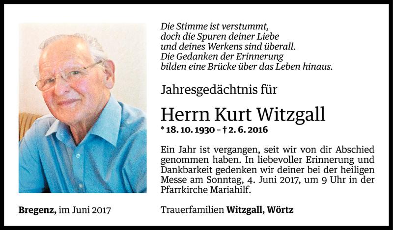  Todesanzeige für Kurt Witzgall vom 01.06.2017 aus Vorarlberger Nachrichten