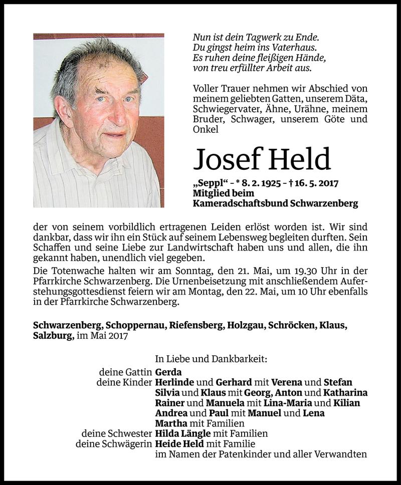  Todesanzeige für Josef Held vom 18.05.2017 aus Vorarlberger Nachrichten