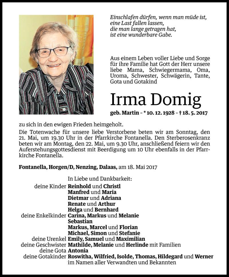  Todesanzeige für Irma Domig vom 18.05.2017 aus Vorarlberger Nachrichten