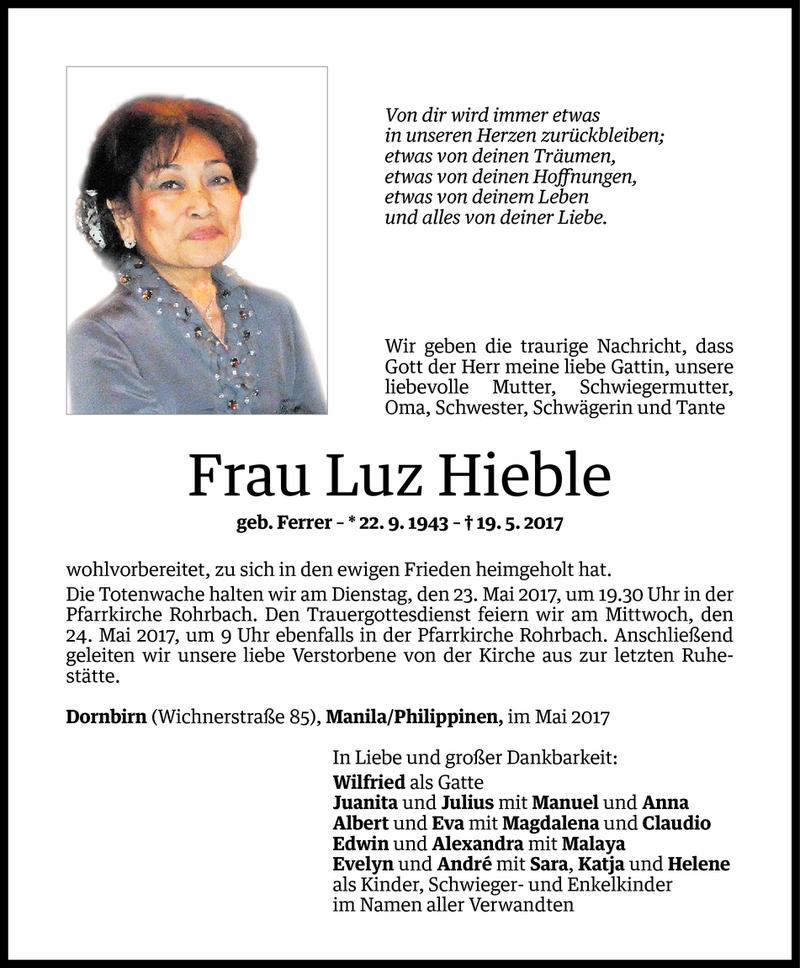  Todesanzeige für Luz Hieble vom 19.05.2017 aus Vorarlberger Nachrichten