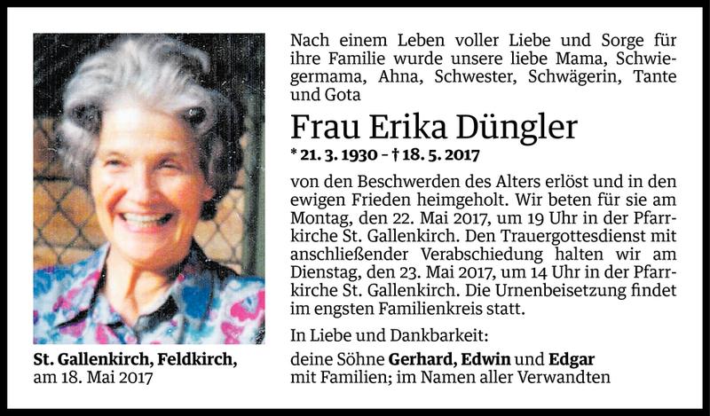  Todesanzeige für Erika Düngler vom 19.05.2017 aus Vorarlberger Nachrichten