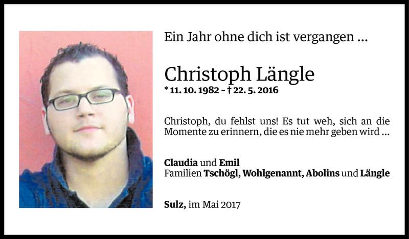  Todesanzeige für Christoph Längle vom 19.05.2017 aus Vorarlberger Nachrichten