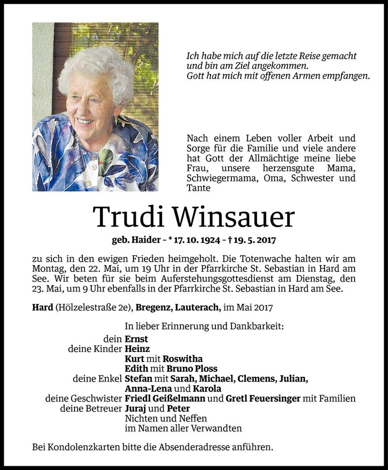  Todesanzeige für Trudi Winsauer vom 19.05.2017 aus Vorarlberger Nachrichten