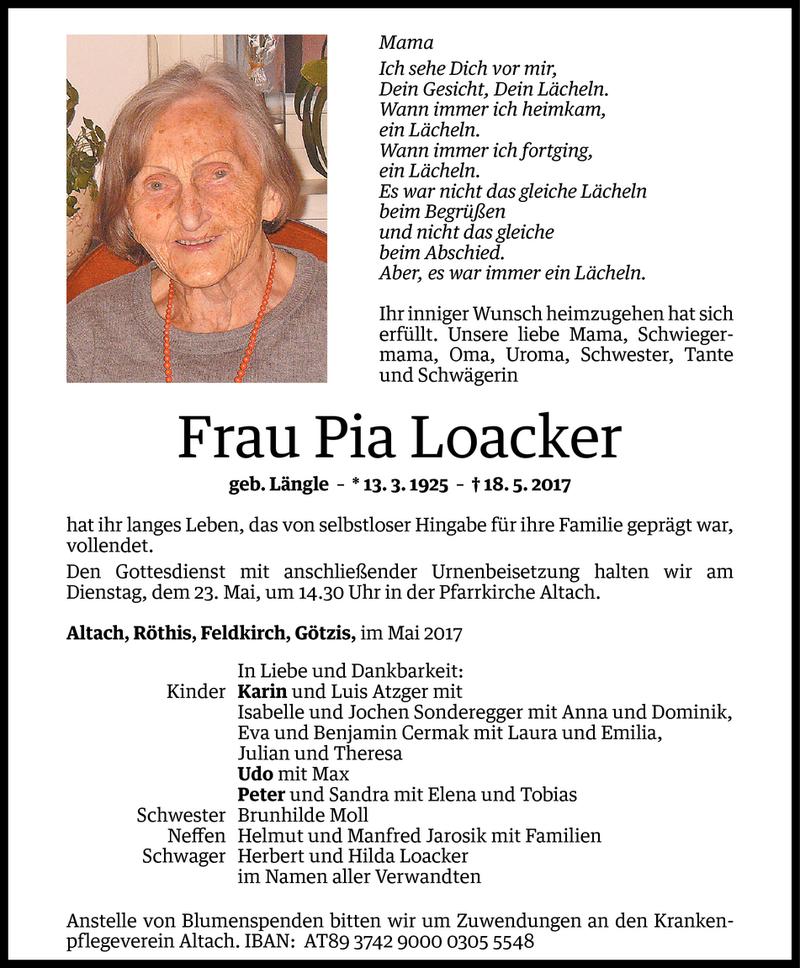  Todesanzeige für Pia Loacker vom 20.05.2017 aus Vorarlberger Nachrichten