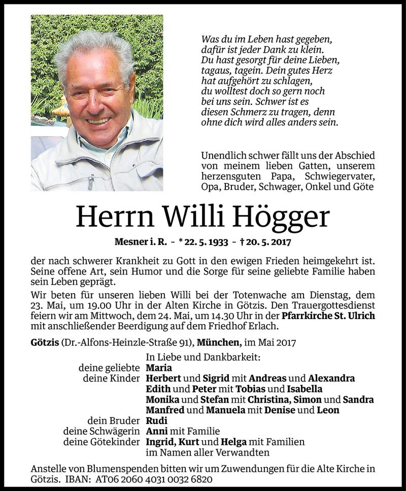  Todesanzeige für Willi Högger vom 22.05.2017 aus Vorarlberger Nachrichten